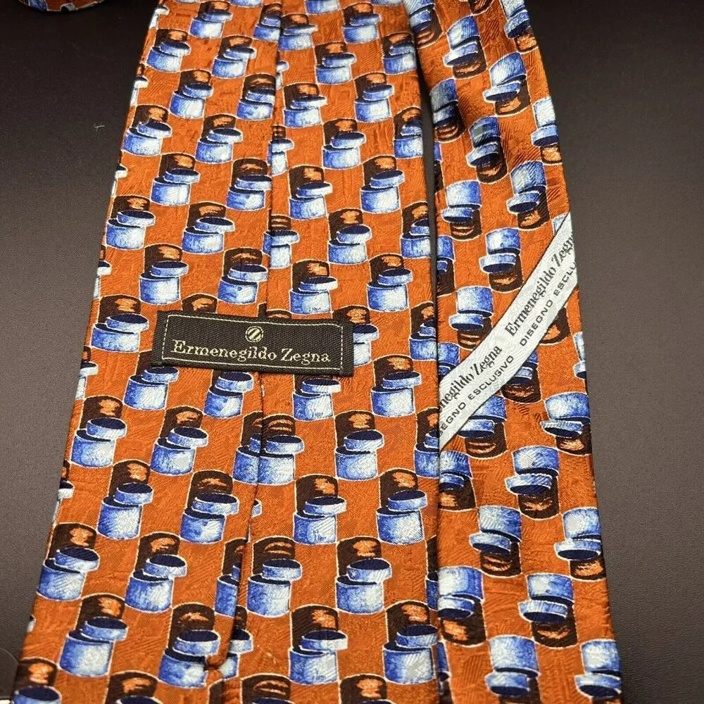Ermenegildo‎ Zegna 100% Silk Neck Tie ~ Burnt Orange with Blue Cans ? 58